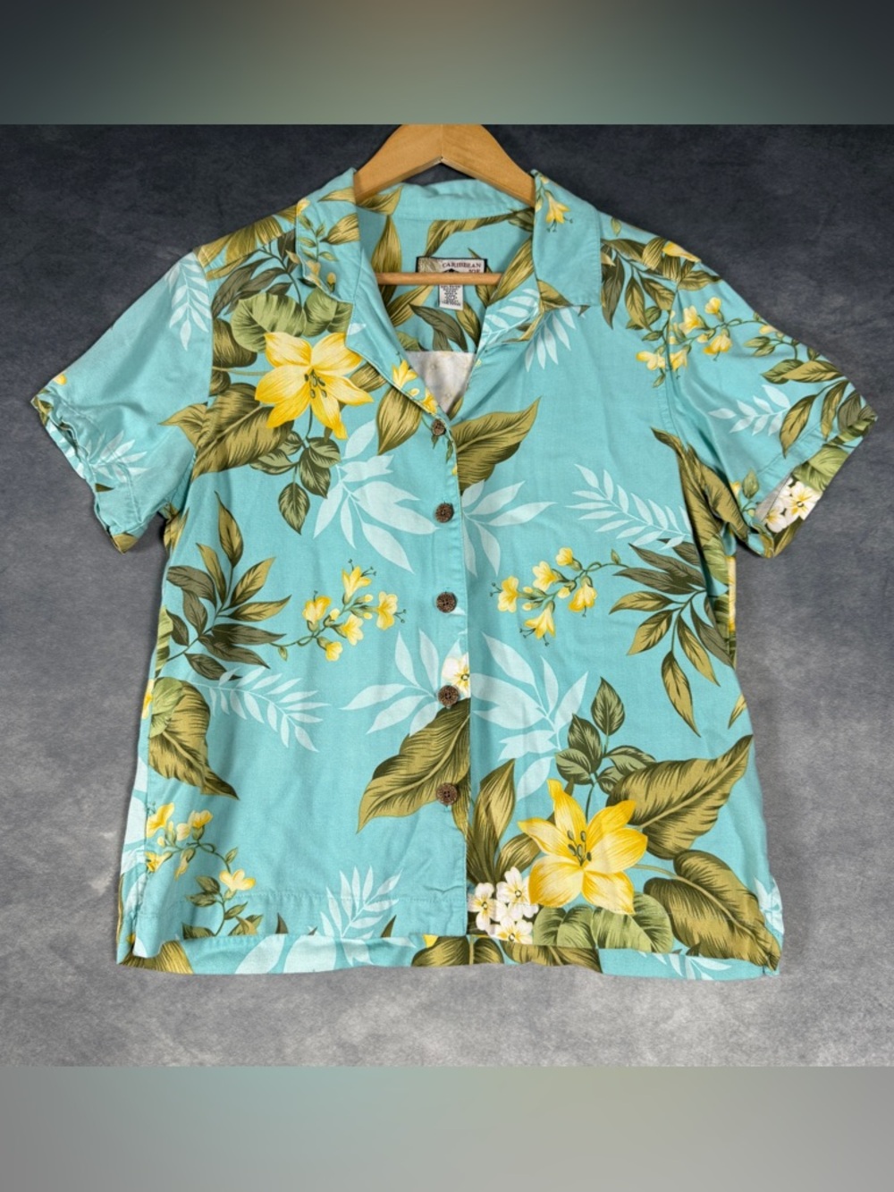Caribbean Joe Blue Tropical Hawaiian Button Shirt Floral Blouse Size S